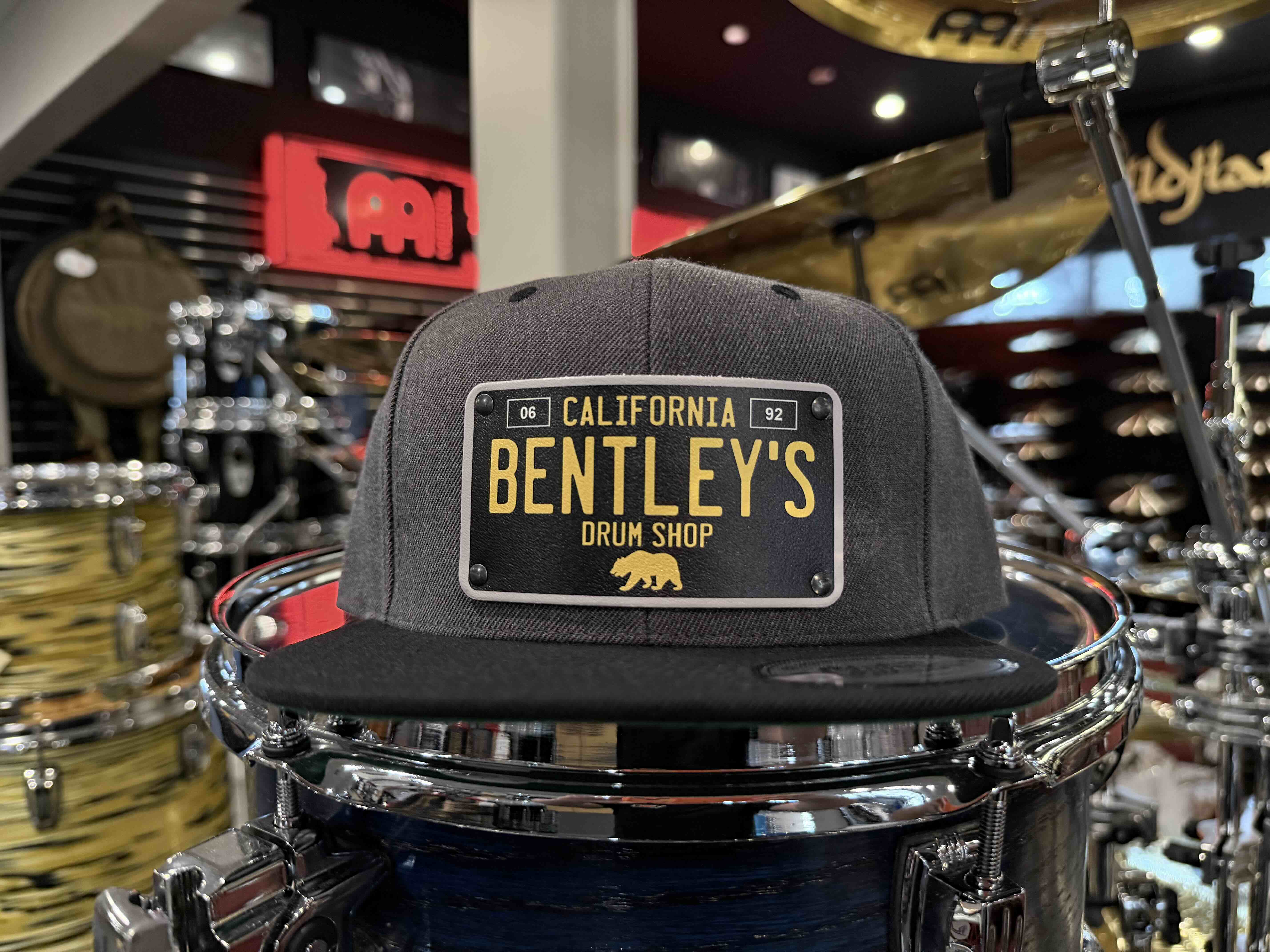 ~NEW~ Bentley's Drum Shop Clothback Snapback Hat in Grey & Black Two-Tone with Custom License Plate Badge